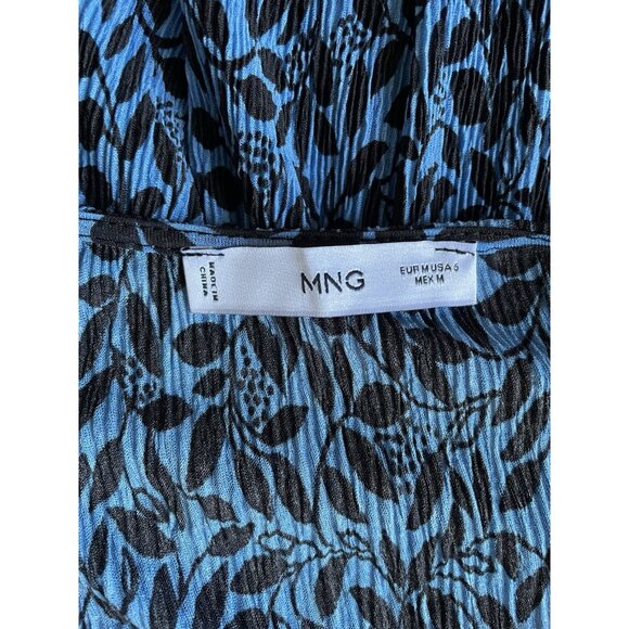MANGO Textured Floral Pattern Sheer Mini Dress Blue Black V-Neck Dress Size M - Picture 8 of 10